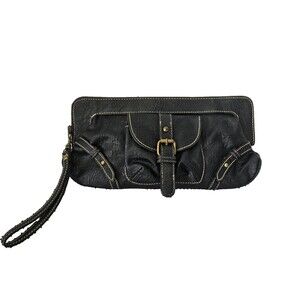 Chateau Black Leather Buckle Flap Wristlet Clutch Purse Size 11''